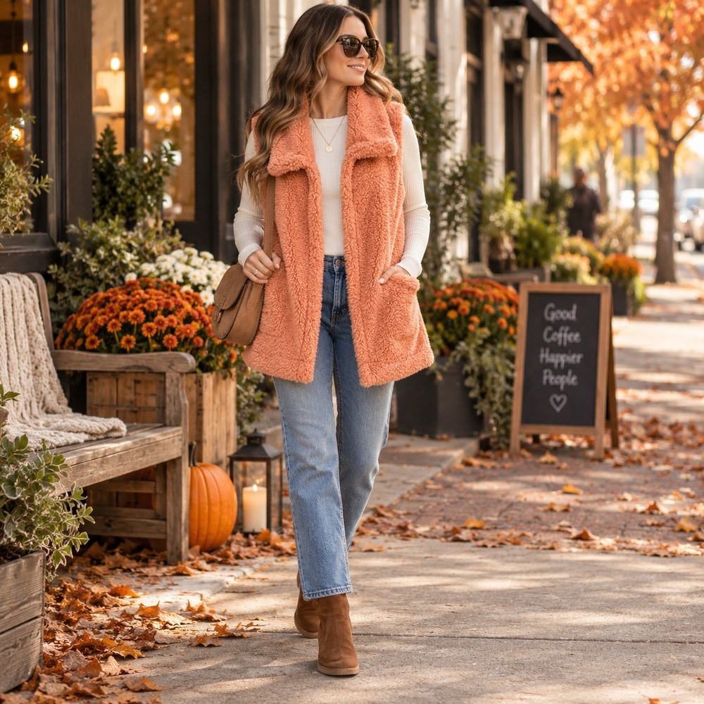 Koolaburra by UGG Sherpa Teddy Fleece Open Front Vest Peach Pink Large Cozy
